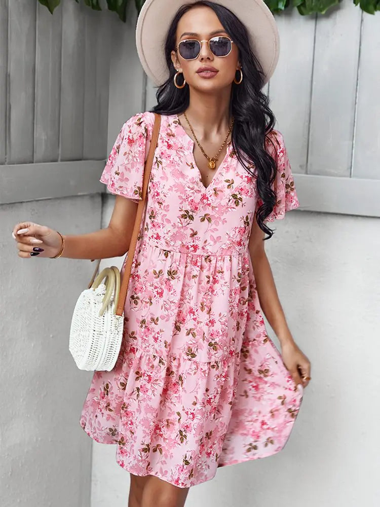 Spring Summer Fashion Women V Neck Short Sleeve Loose Chic Floral Printed Dress by DERILUJA LLC