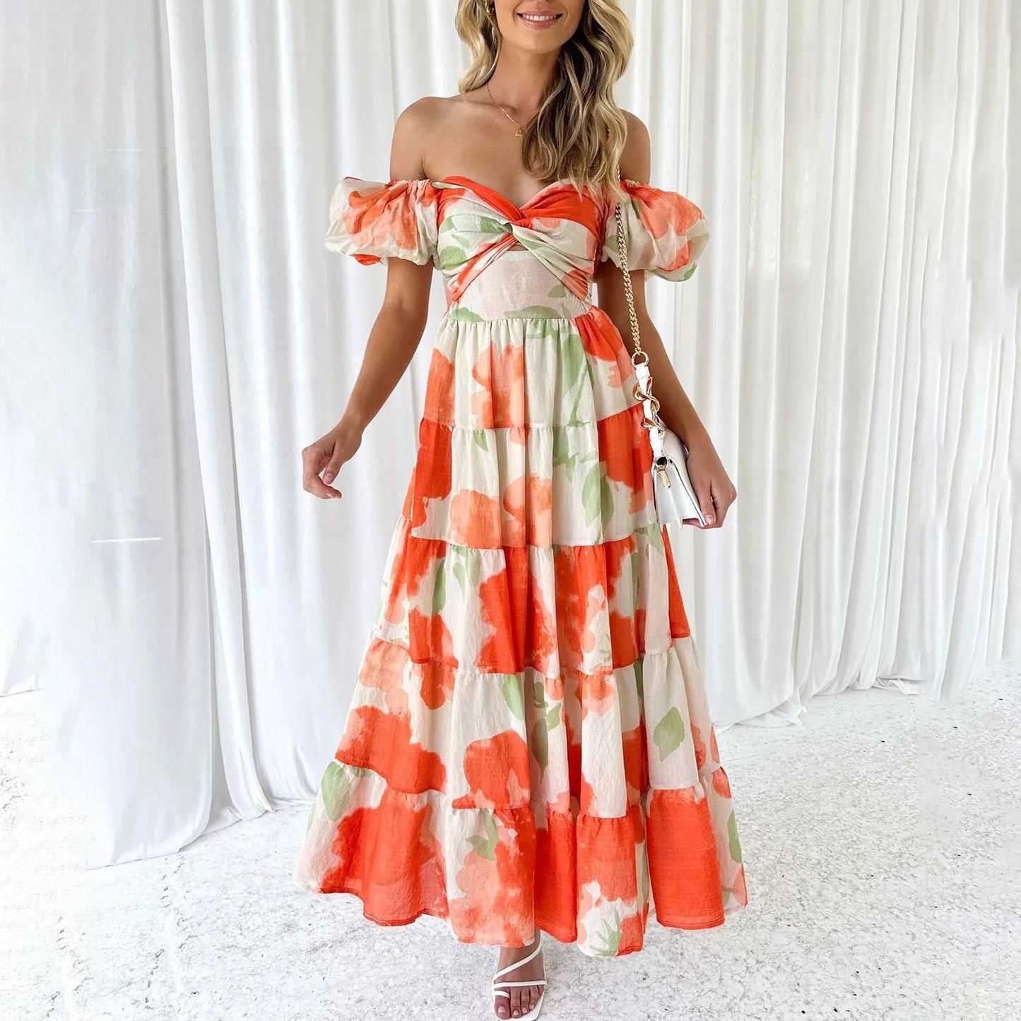 Summer V Neck Cutout Floral Print Dresses Elegant Women Puff Short Sleeve Casual Dress Pleated Waisted Swing Beach Long Dress 2026 by DERILUJA LLC