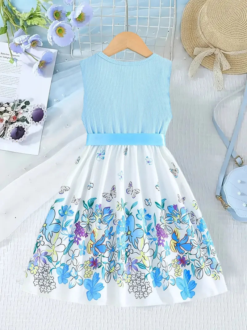 A Fresh And Cute Sleeveless Blue Floral Pattern Dress For Summer by DERILUJA LLC