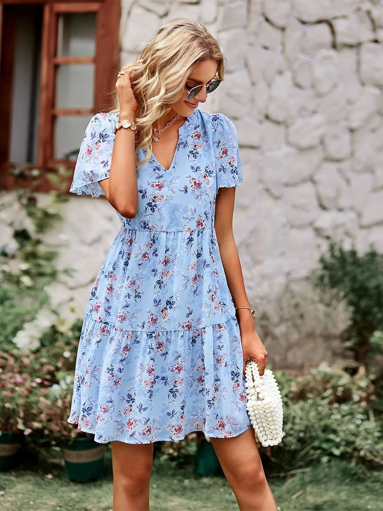Spring Summer Fashion Women V Neck Short Sleeve Loose Chic Floral Printed Dress by DERILUJA LLC