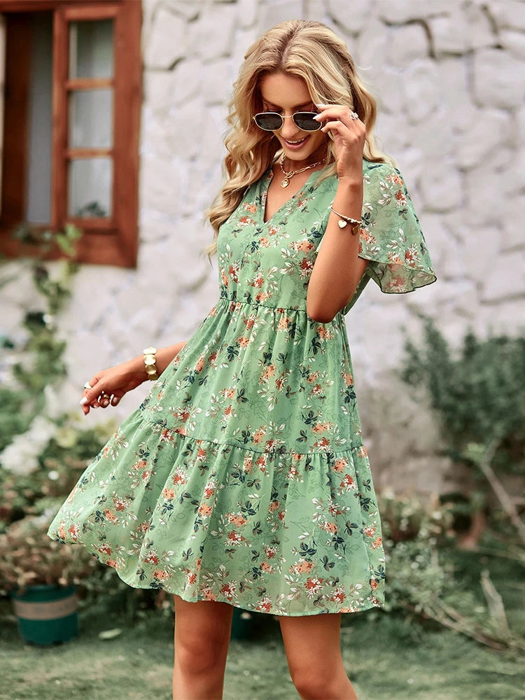 Spring Summer Fashion Women V Neck Short Sleeve Loose Chic Floral Printed Dress by DERILUJA LLC