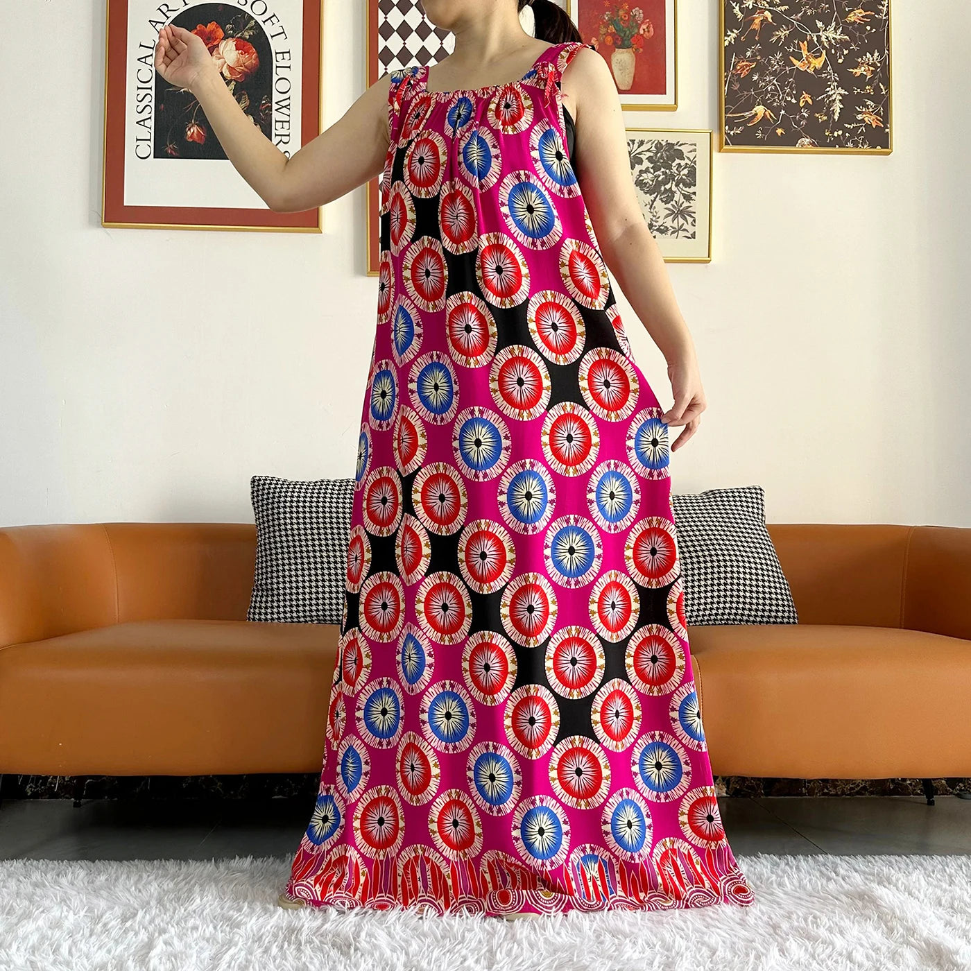 Cotton Summer Sleeveless Dress Print Floral Loose Women Casual Robe With Big Scarf by DERILUJA LLC