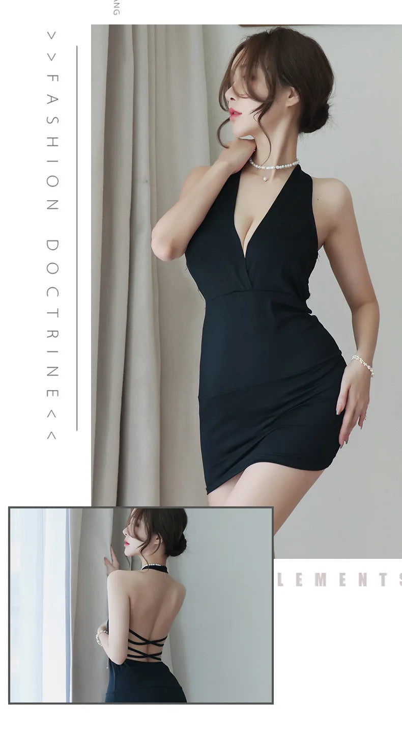 Dress Deep V-Neck Slim Hot Backless Mini Dress Female Bandage Halter Patchwork Mini Vestidos by DERILUJA LLC