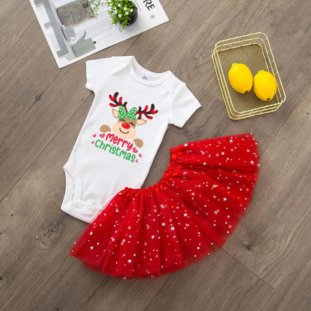 Deer Print Christmas Baby Romper & Tutu Set Christmas Girls Outfit Infant Baptism Short Sleeve Bodysuit Dress Xmas Outfits Skirt by DERILUJA LLC
