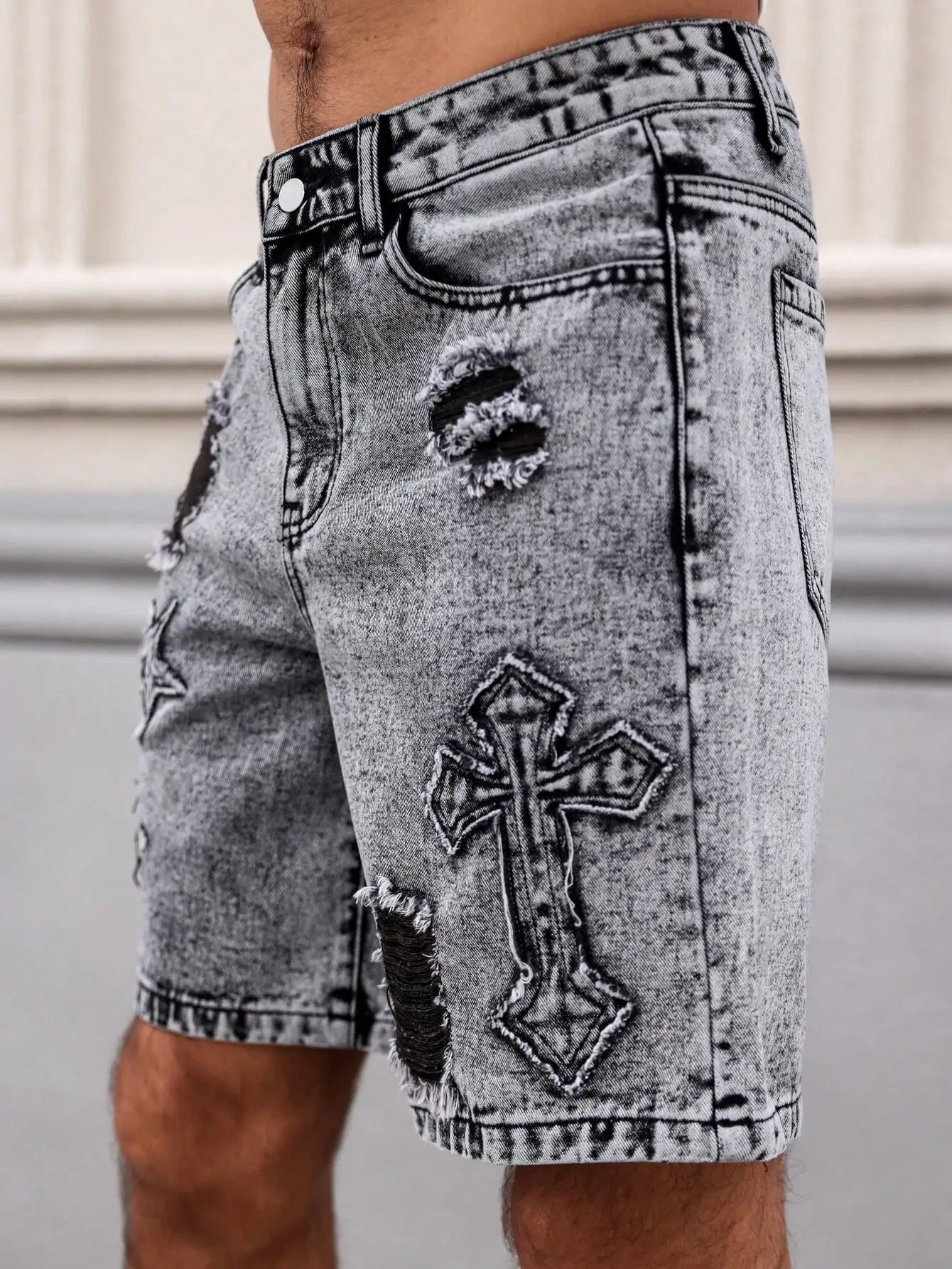 Men's Summer Denim Shorts. Straight-leg fit. Ripped design. Dark gray denim embroidered shorts by DERILUJA LLC