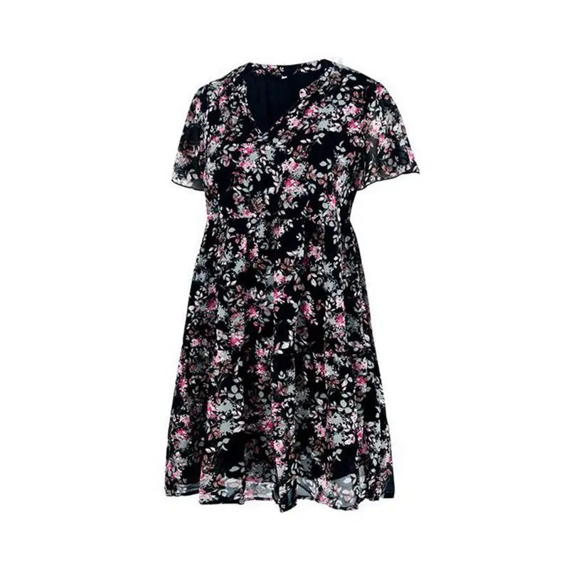 Spring Summer Fashion Women V Neck Short Sleeve Loose Chic Floral Printed Dress by DERILUJA LLC