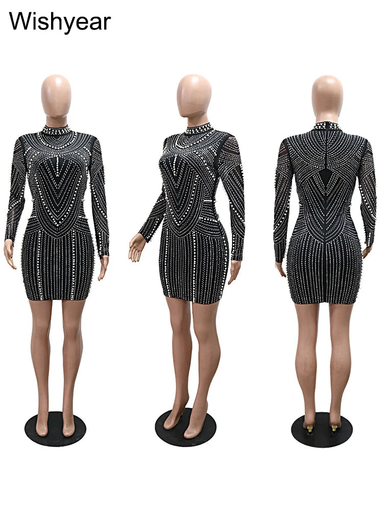 New Sparkle Rhinestone Pearl Mini Dress Women Luxury Stand Neck Crystal Night Club Short Evening Party Vestidos Birthday Outfits by DERILUJA LLC