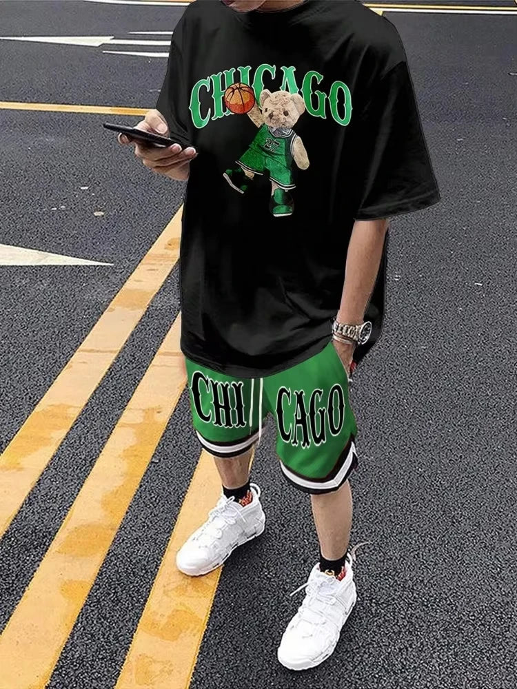 Cartoon Bear 3D Printed Men's Round Neck Short Sleeve 2-piece Set Urban Street Trendy Men's Top Outdoor Men's Drawstring Shorts by DERILUJA LLC