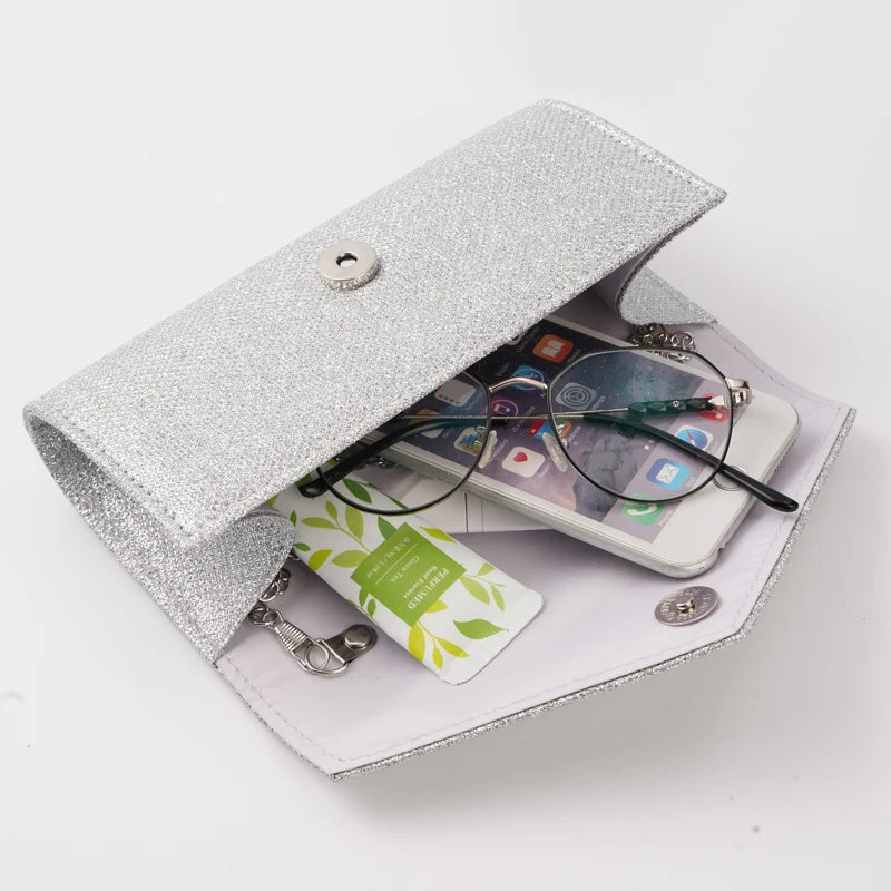 Glitter Envelope Handbag Women Silver Shiny Chain Shoulder Bag Ladies Mini Crossbody Flap Fashion Small Dress Day Clutch by DERILUJA LLC
