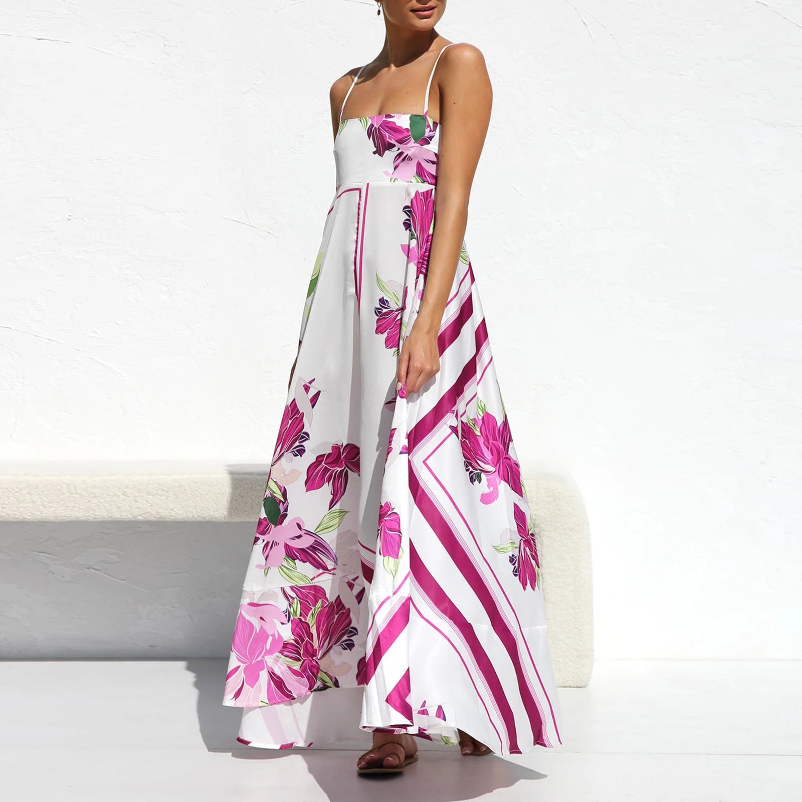Women Sun Long Dress Swing Dress Slip Dress Spaghetti Straps Floral Backless Dresses Summer Lady Elegant Holiday Outfits by DERILUJA LLC