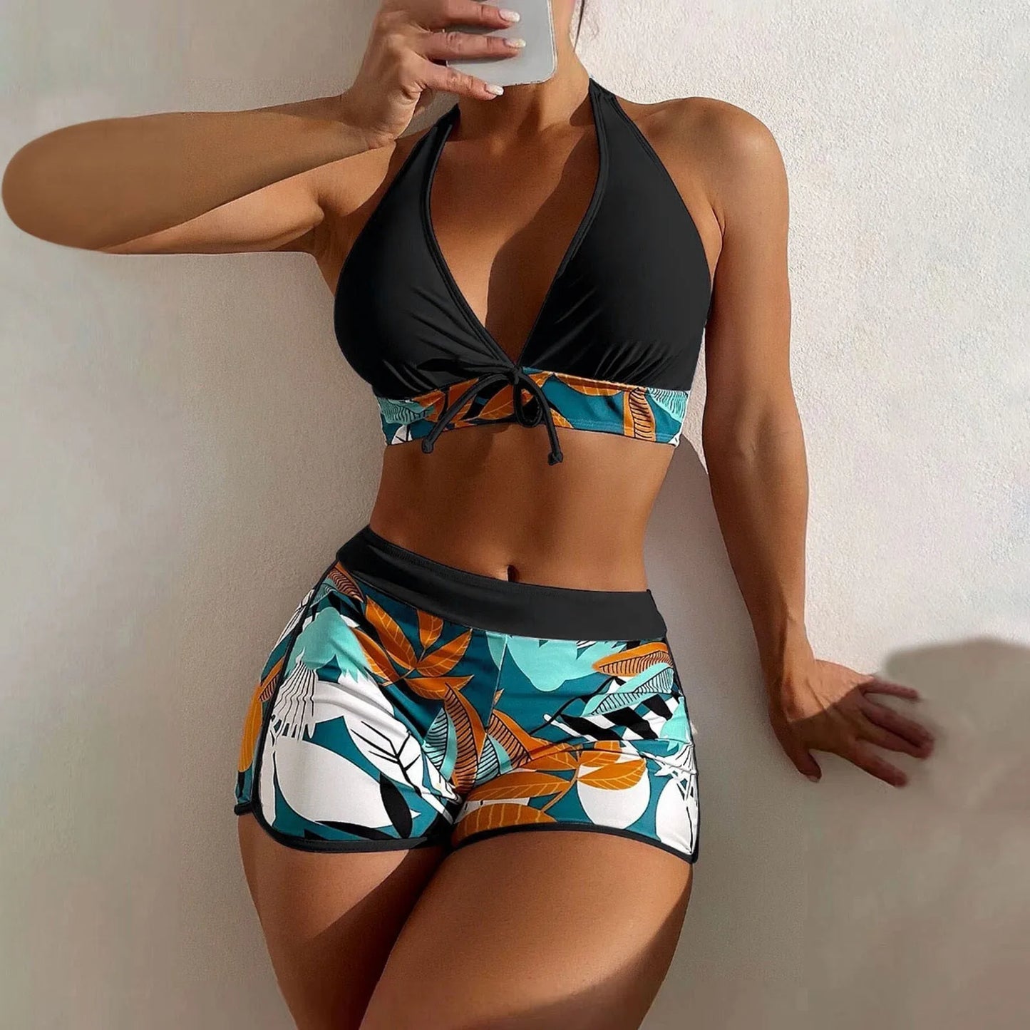 Women's Paneled Printed Swimsuit Ladies Fashion High Waist Swimsuit Two-Piece Set V-Neck Bathing Suits Female by DERILUJA LLC