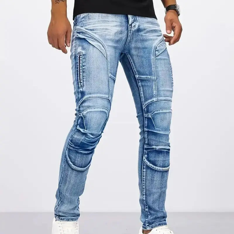 Two tone distressed patchwork jeans for men trendy jeans for summer thin straight leg pants slim fit small leg distressed jeans by DERILUJA LLC