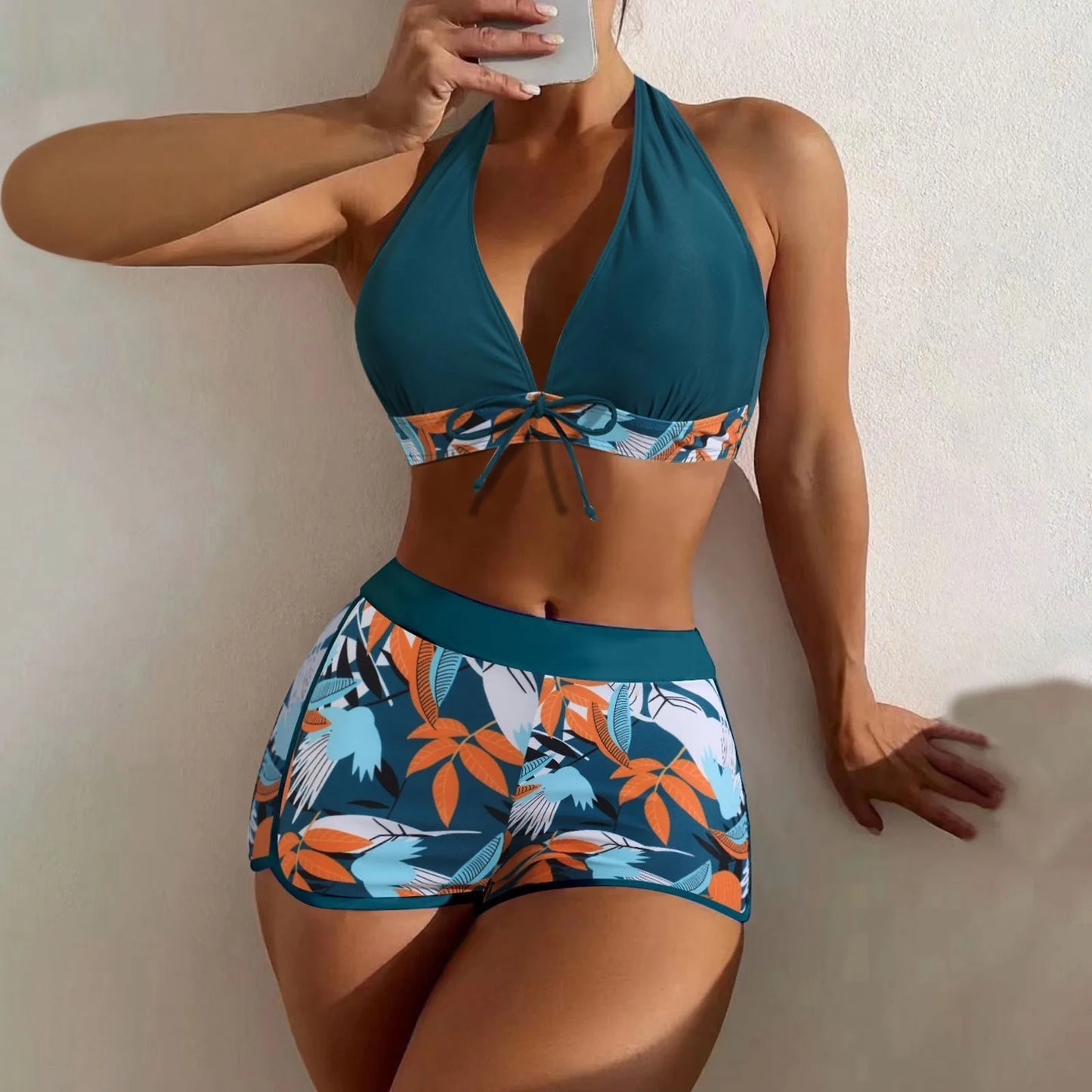 Women's Paneled Printed Swimsuit Ladies Fashion High Waist Swimsuit Two-Piece Set V-Neck Bathing Suits Female by DERILUJA LLC