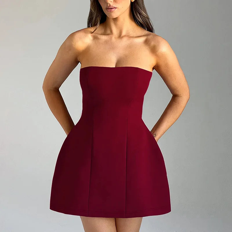 Mini Dresses Solid Patchwork High Waist Summer Fashion Female Bodycon Plunge Vacation Strapless Dress by DERILUJA LLC