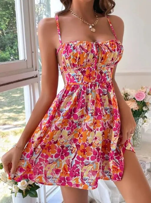 Womens Dresses 2026 Spring Summer New Fashion Floral Print Square Collar Backless Beach Vacation Lace Up Casual Mini Dress by DERILUJA LLC