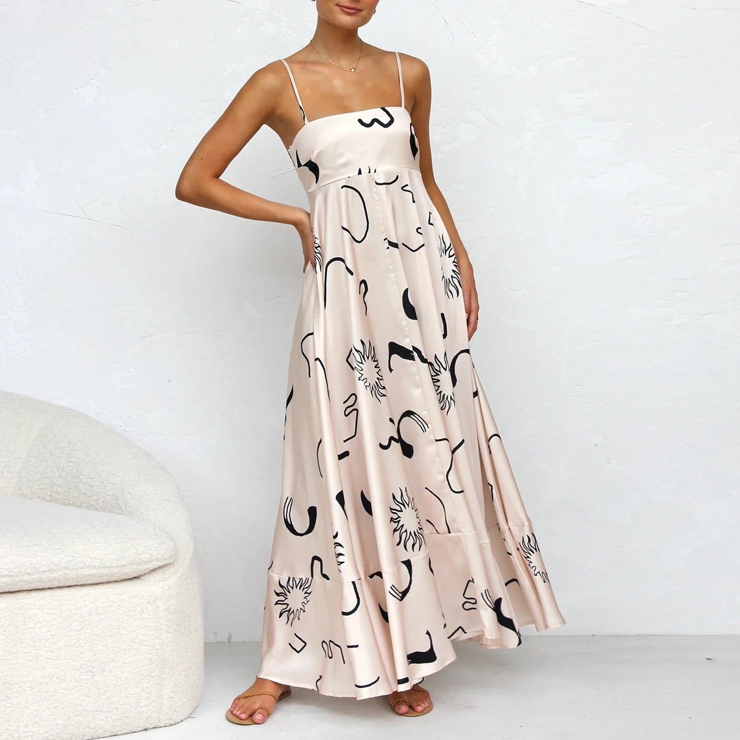 Women Sun Long Dress Swing Dress Slip Dress Spaghetti Straps Floral Backless Dresses Summer Lady Elegant Holiday Outfits by DERILUJA LLC