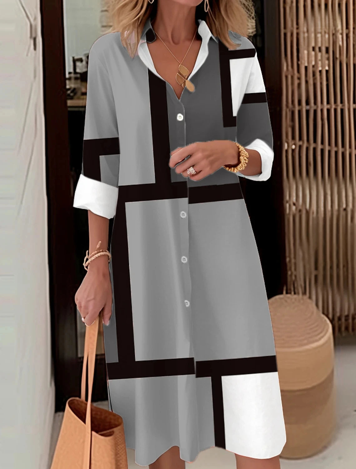 Autumn Elegant Long Sleeve Plaid Shirt Dress Flip Lapel Single Breasted Patchwork Dress Women's Comfortable Commuter Casual Robe by DERILUJA LLC