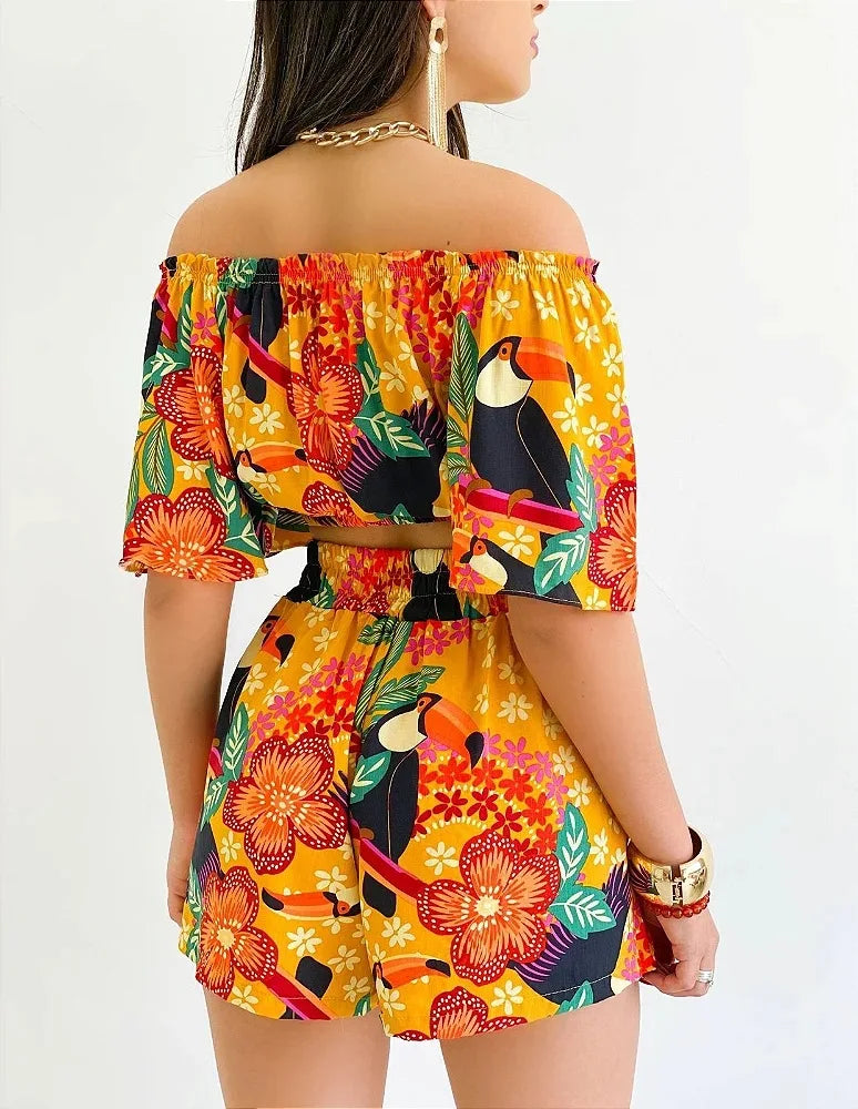 Shoulder Slash Neck T-shirt Shorts Set Office Lady Floral Print Lace Up Short Sleeve Two Piece Set Women Outfit 2026 by DERILUJA LLC