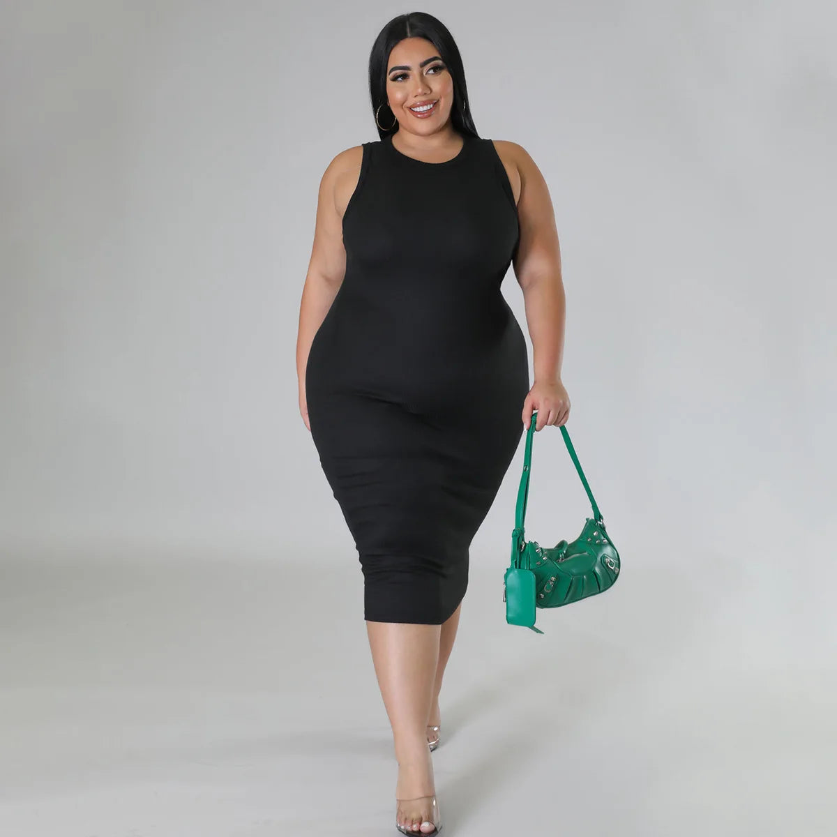 Women Plus size Fashion Sleeveless Knit Ribbed Bodycon Midi Tank Dress by DERILUJA LLC