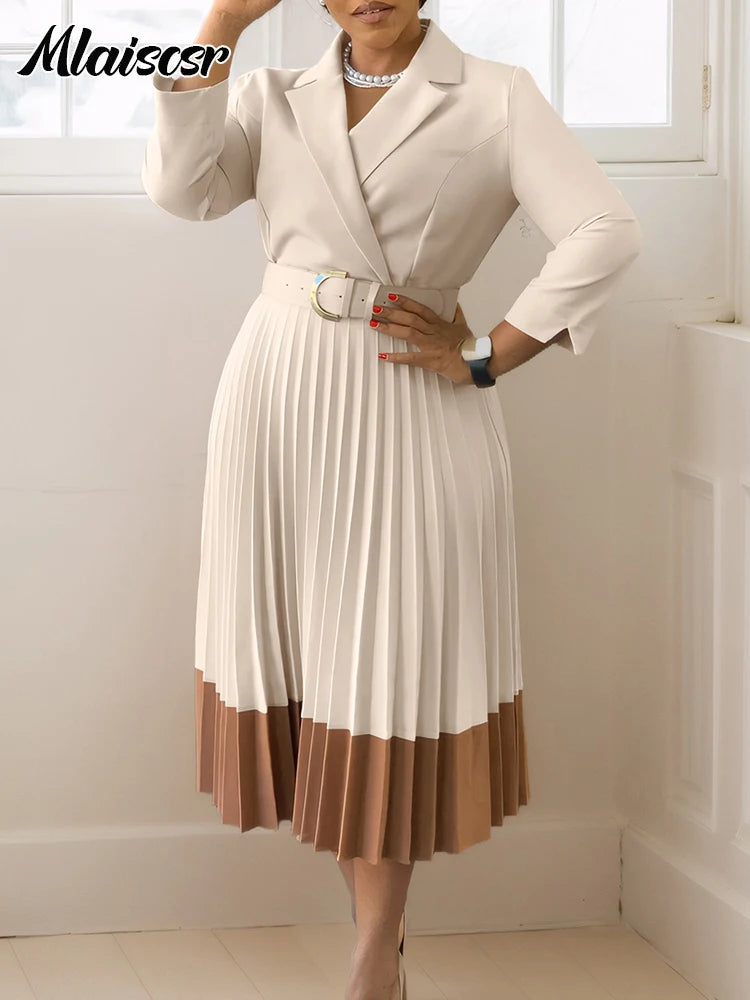 Elegant Long Sleeve Solid High Waist A Line Pleated Dress with Belt Women Office Lady Birthday Evening Vestidos by DERILUJA LLC