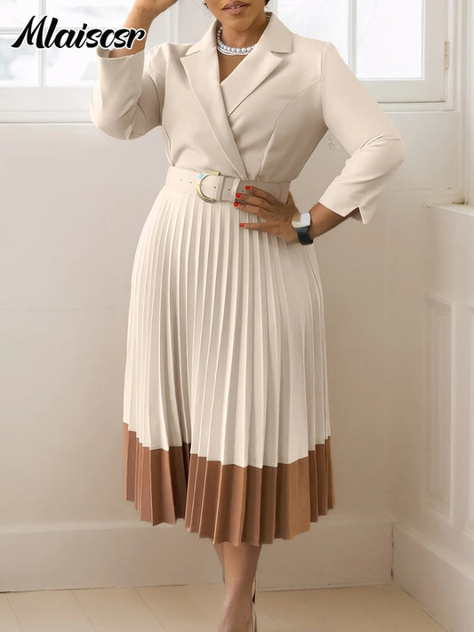 Elegant Long Sleeve Solid High Waist A Line Pleated Dress with Belt Women Office Lady Birthday Evening Vestidos by DERILUJA LLC