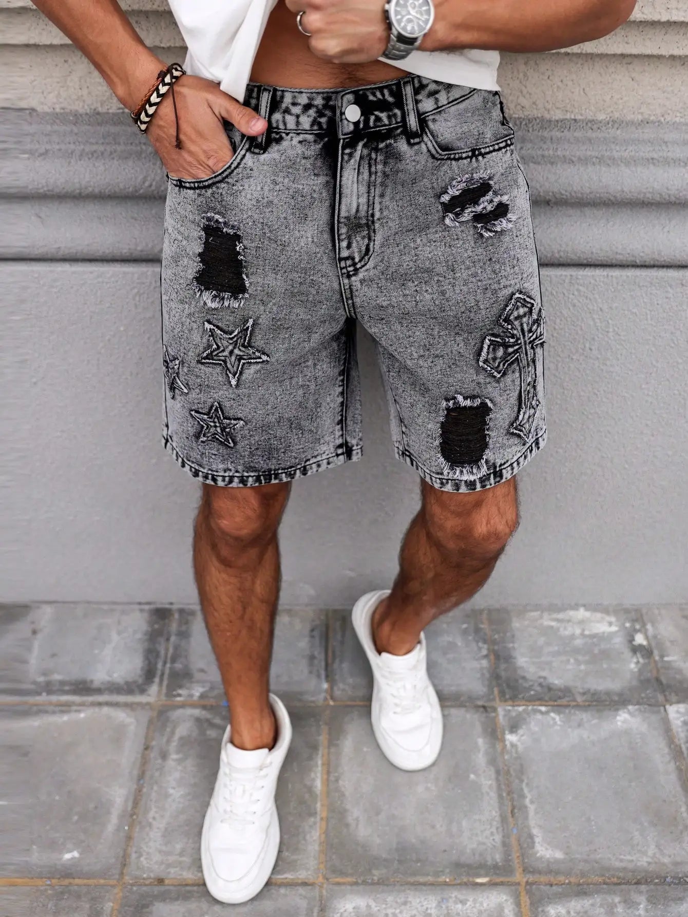 Men's Summer Denim Shorts. Straight-leg fit. Ripped design. Dark gray denim embroidered shorts by DERILUJA LLC