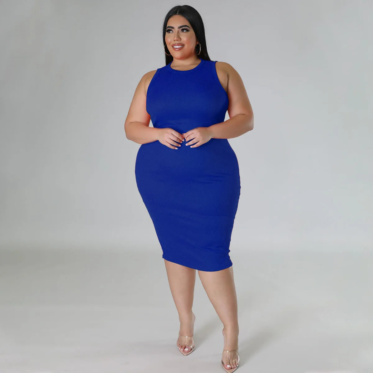 Women Plus size Fashion Sleeveless Knit Ribbed Bodycon Midi Tank Dress by DERILUJA LLC