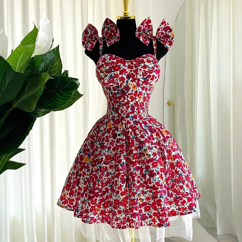 Elegant Floral Print A- Line Mini Dress with Bow Knot High Waist Slimming for Women Spring Season Fashion Casual Skirt by DERILUJA LLC