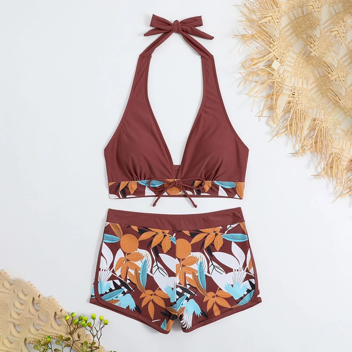 Women's Paneled Printed Swimsuit Ladies Fashion High Waist Swimsuit Two-Piece Set V-Neck Bathing Suits Female by DERILUJA LLC
