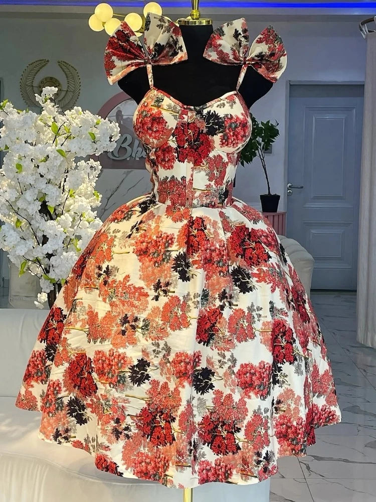 Elegant Floral Print A- Line Mini Dress with Bow Knot High Waist Slimming for Women Spring Season Fashion Casual Skirt