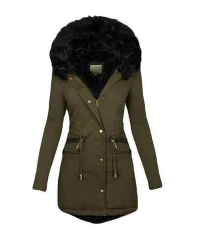 Womens Parkas  Autumn and Winter Solid Color Fur Collar Hooded Mid Length Warm Cotton Jacket for Women K2E