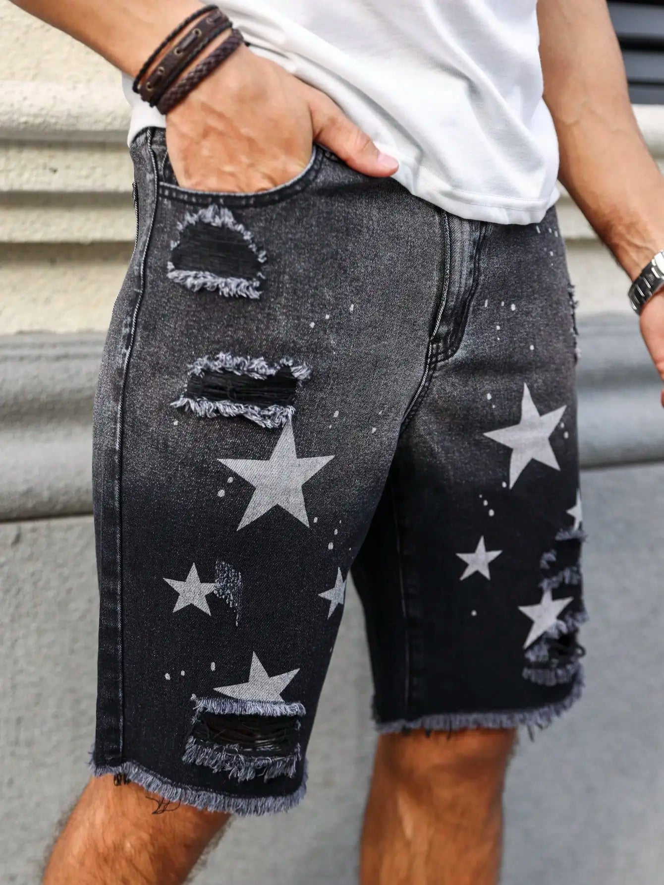 Men's summer denim printed shorts. Black - grey gradient color. Ripped details. Street - style trend. by DERILUJA LLC