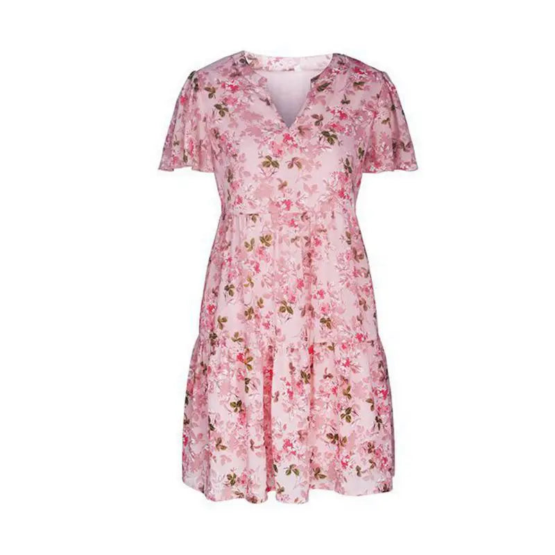 Spring Summer Fashion Women V Neck Short Sleeve Loose Chic Floral Printed Dress by DERILUJA LLC