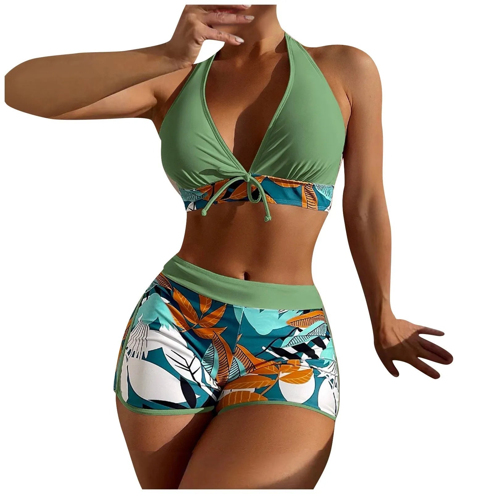 Women's Paneled Printed Swimsuit Ladies Fashion High Waist Swimsuit Two-Piece Set V-Neck Bathing Suits Female by DERILUJA LLC