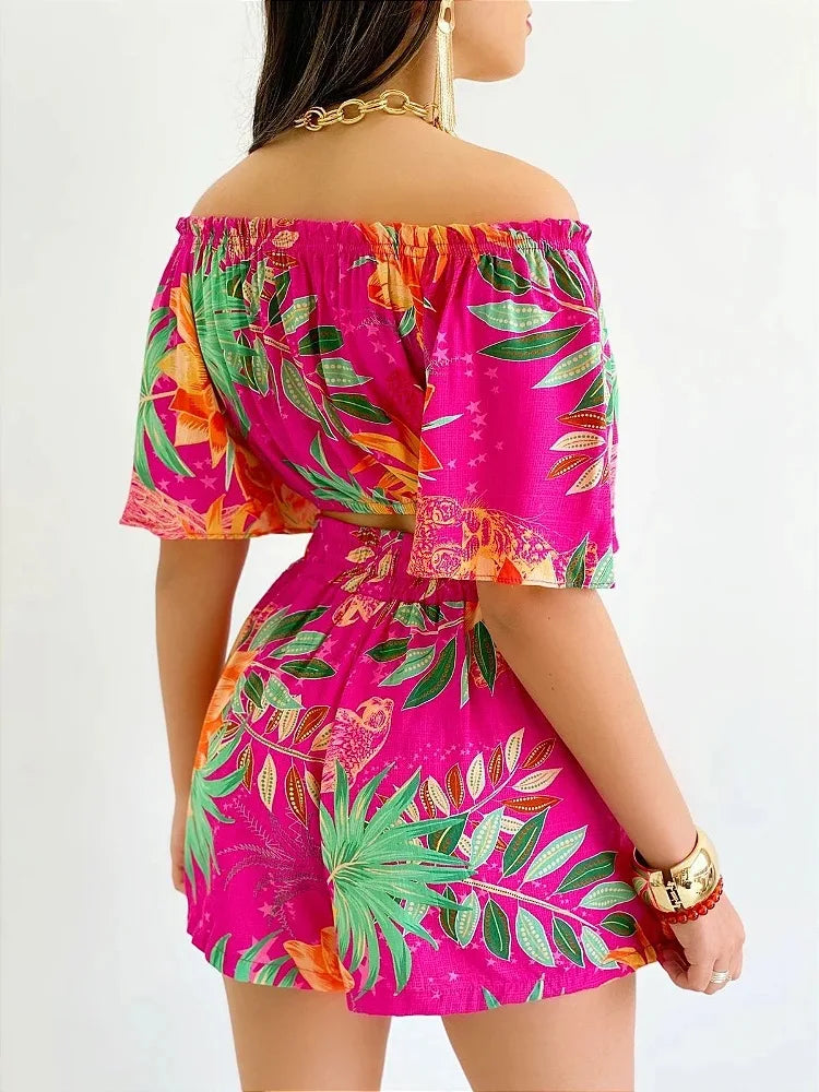 Shoulder Slash Neck T-shirt Shorts Set Office Lady Floral Print Lace Up Short Sleeve Two Piece Set Women Outfit 2026 by DERILUJA LLC