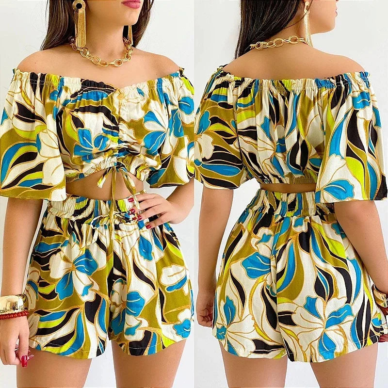 Shoulder Slash Neck T-shirt Shorts Set Office Lady Floral Print Lace Up Short Sleeve Two Piece Set Women Outfit 2026 by DERILUJA LLC