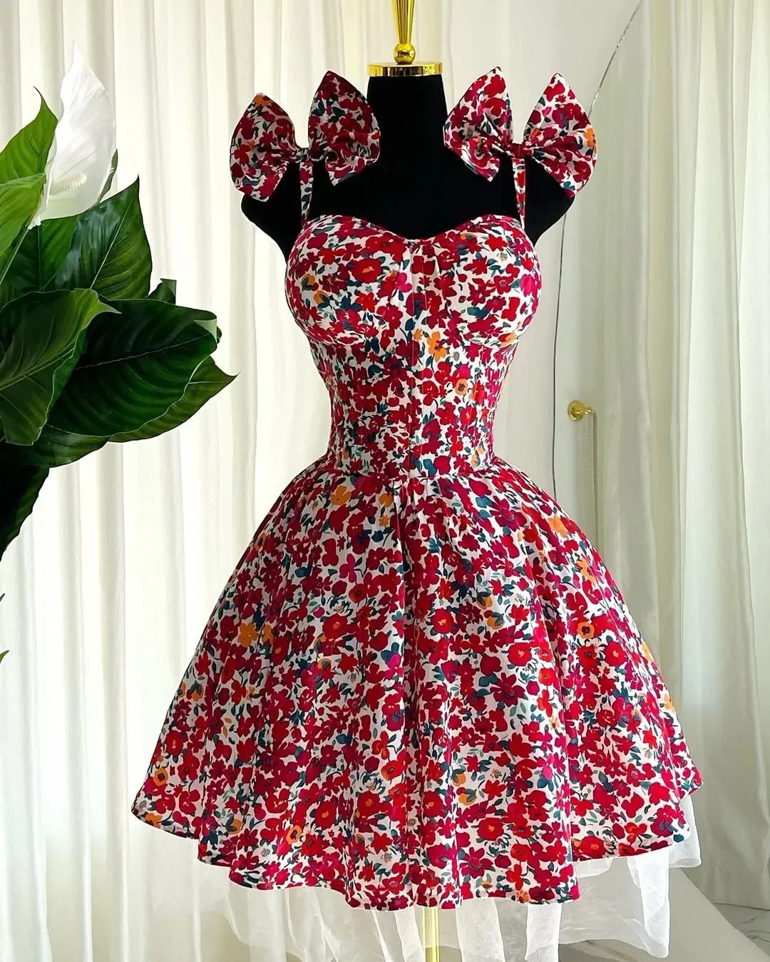 Elegant Floral Print A- Line Mini Dress with Bow Knot High Waist Slimming for Women Spring Season Fashion Casual Skirt by DERILUJA LLC
