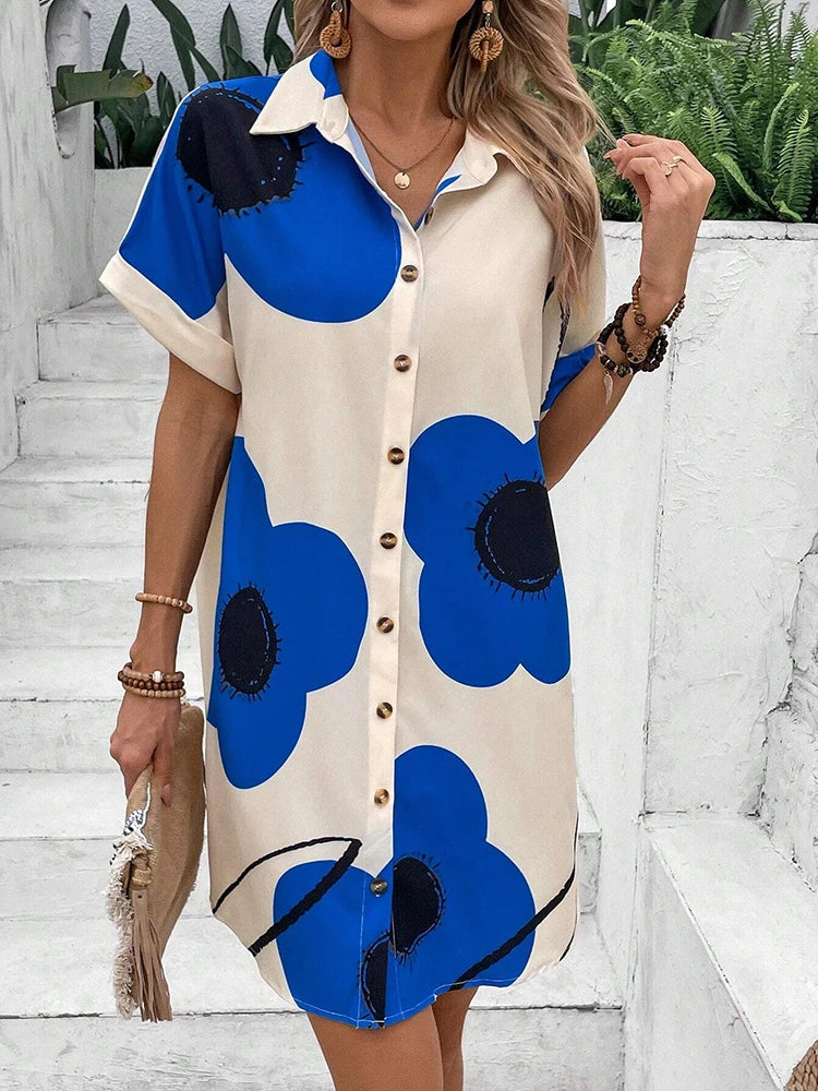 New Fashion Everyday Casual Ladies Short-sleeved Lapel Print Dress City Trend Single-breasted Dress 3D Printed Art Dress by DERILUJA LLC