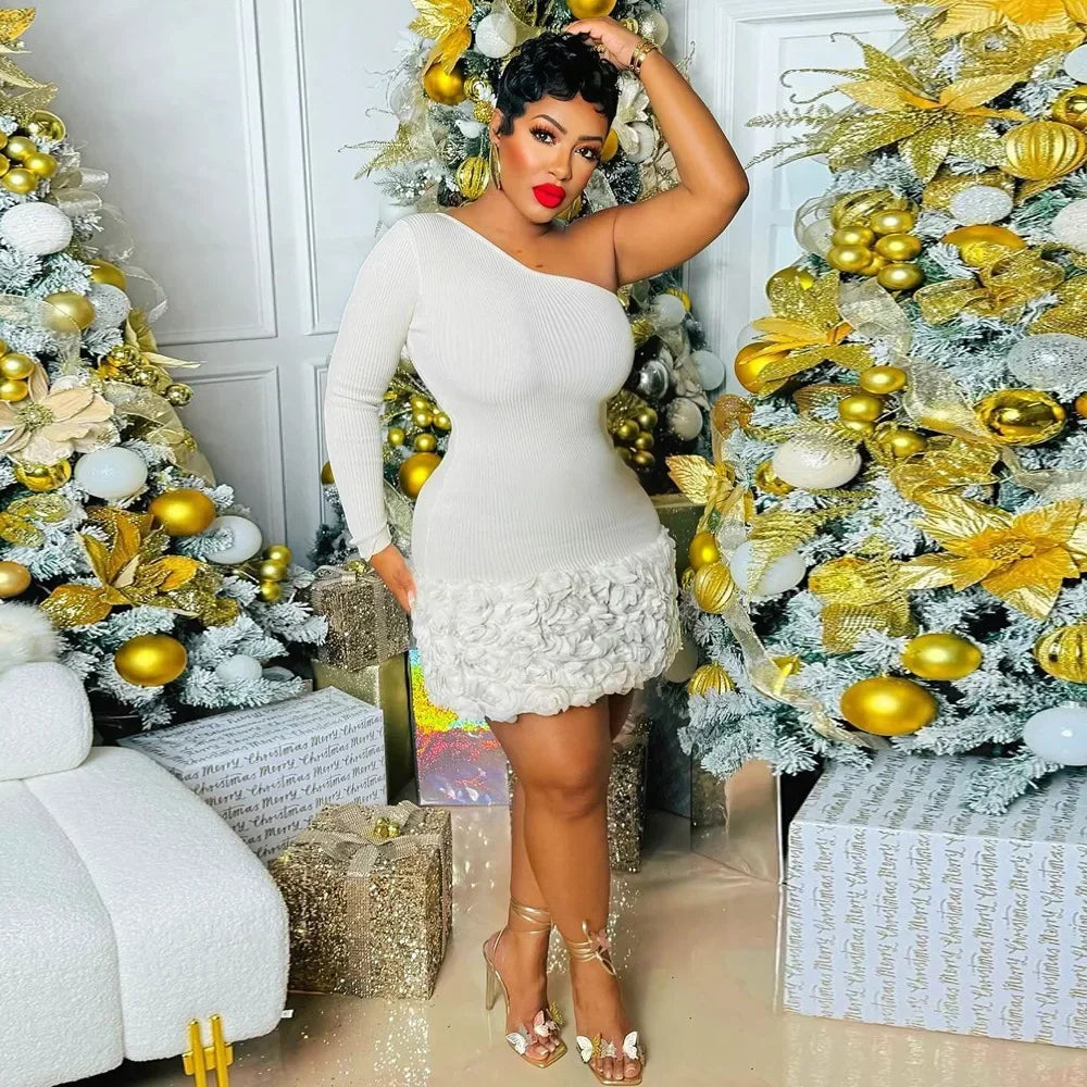 Women Knit Ribbed Rose Floral Applique One Long Sleeve Bodycon Midi Dress 2026 Club Party Evening Dresses Vestidos by DERILUJA LLC