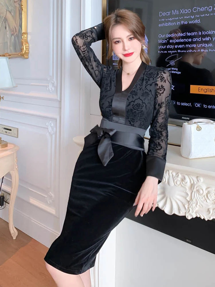 Spring Retro Elegant Dresses for Women 2023 Lace Embroidery Long Sleeve Bow Bandage Bodycon Slim Robe Lady Party Office Vestido