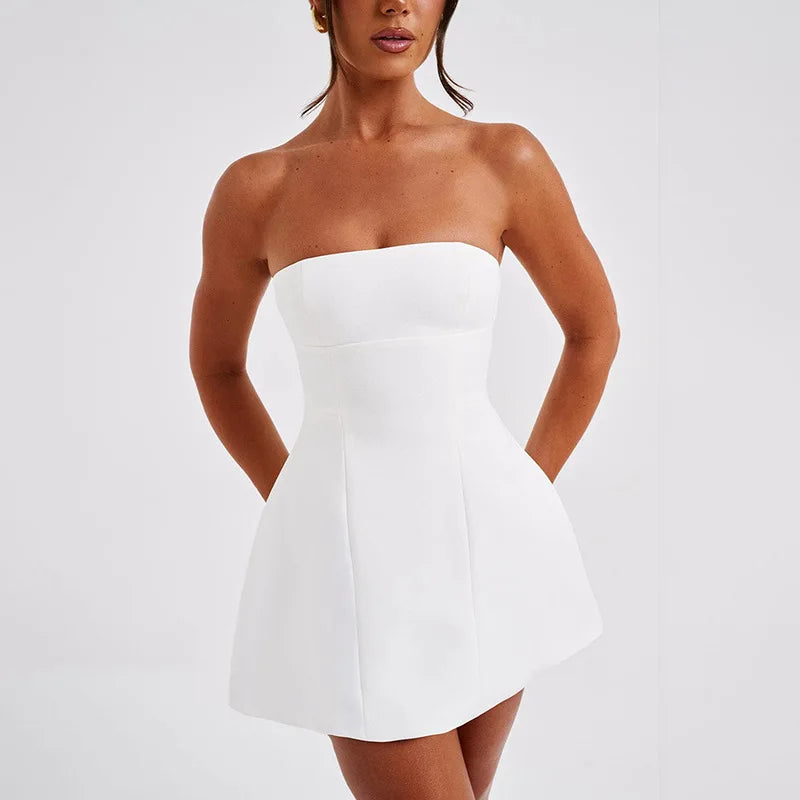 Mini Dresses Solid Patchwork High Waist Summer Fashion Female Bodycon Plunge Vacation Strapless Dress by DERILUJA LLC
