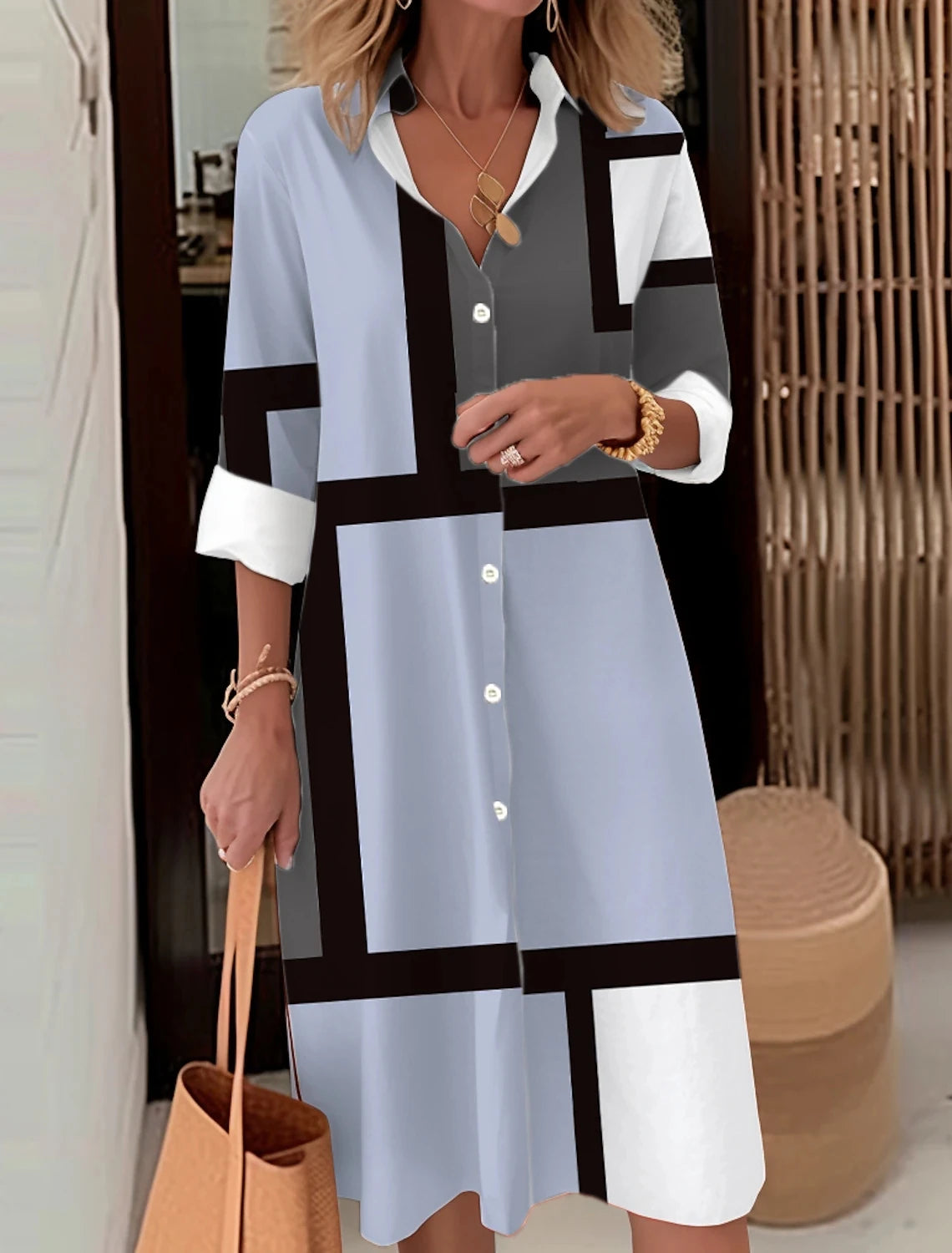 Autumn Elegant Long Sleeve Plaid Shirt Dress Flip Lapel Single Breasted Patchwork Dress Women's Comfortable Commuter Casual Robe by DERILUJA LLC