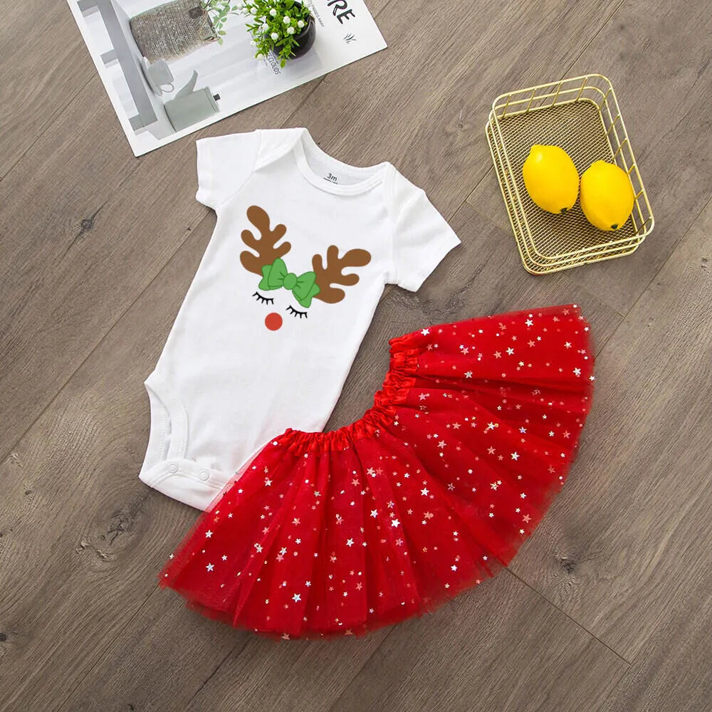 Deer Print Christmas Baby Romper & Tutu Set Christmas Girls Outfit Infant Baptism Short Sleeve Bodysuit Dress Xmas Outfits Skirt by DERILUJA LLC