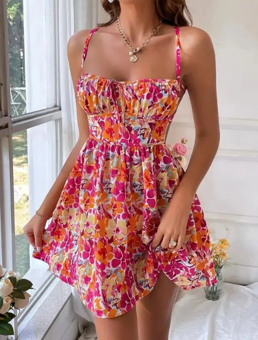 Womens Dresses 2026 Spring Summer New Fashion Floral Print Square Collar Backless Beach Vacation Lace Up Casual Mini Dress by DERILUJA LLC