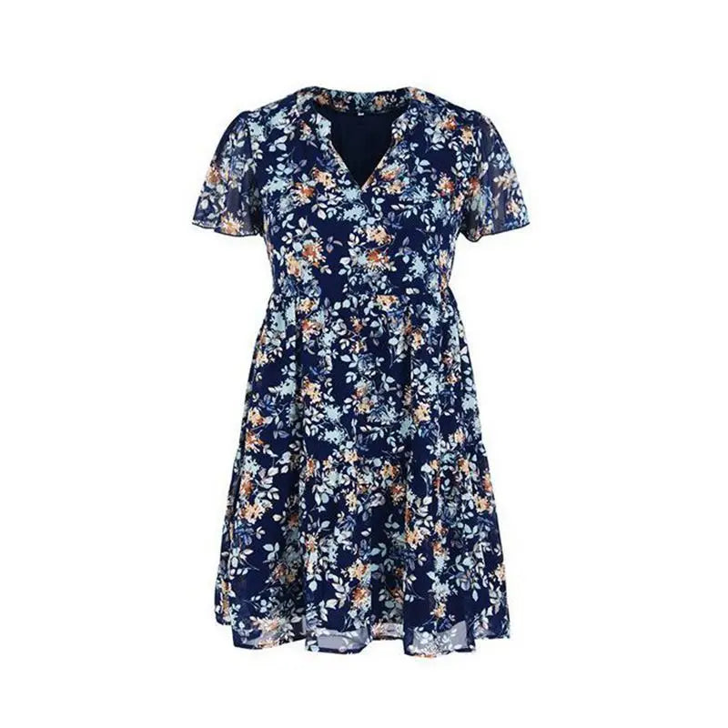 Spring Summer Fashion Women V Neck Short Sleeve Loose Chic Floral Printed Dress by DERILUJA LLC