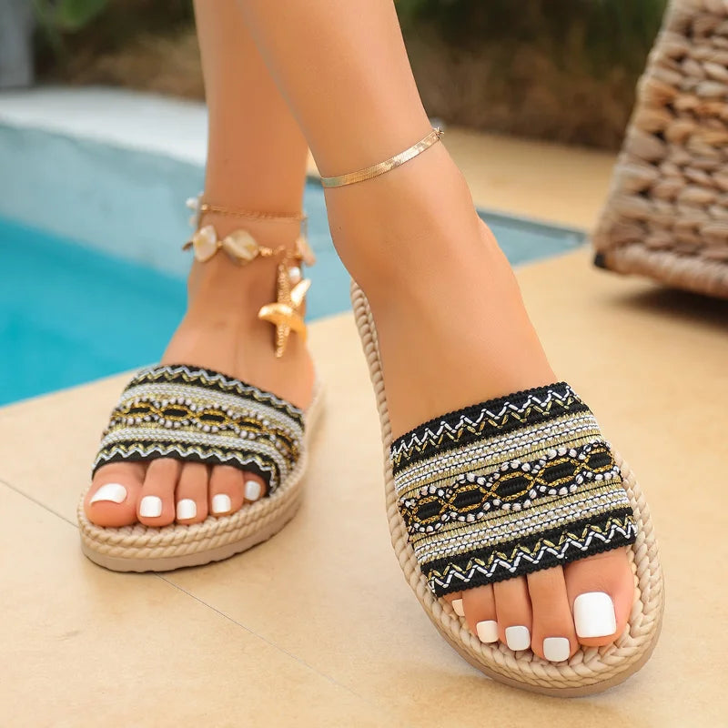 2026 New Summer Women Slippers Beach Fashion Sandals Ethnic Style Round Toe Casual Comfortable Flat Slippers Women Big Size 43 by DERILUJA LLC