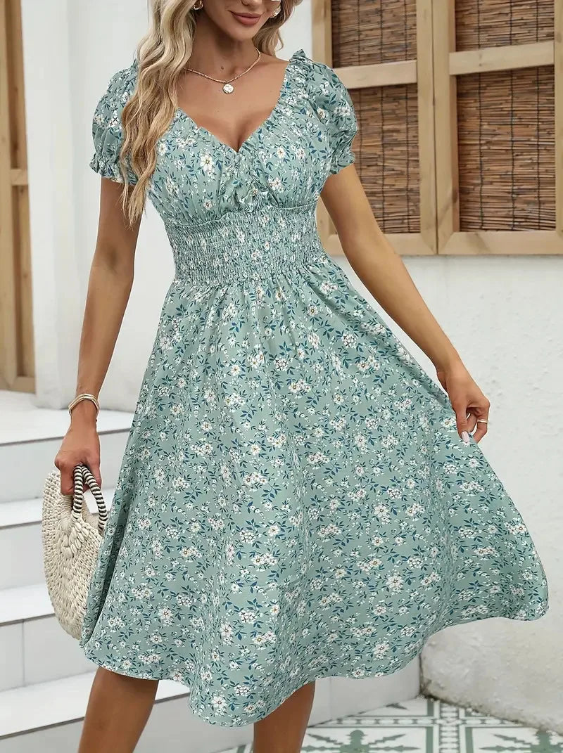 2026 Summer New Vintage Floral Bubble Sleeve French Dress by DERILUJA LLC