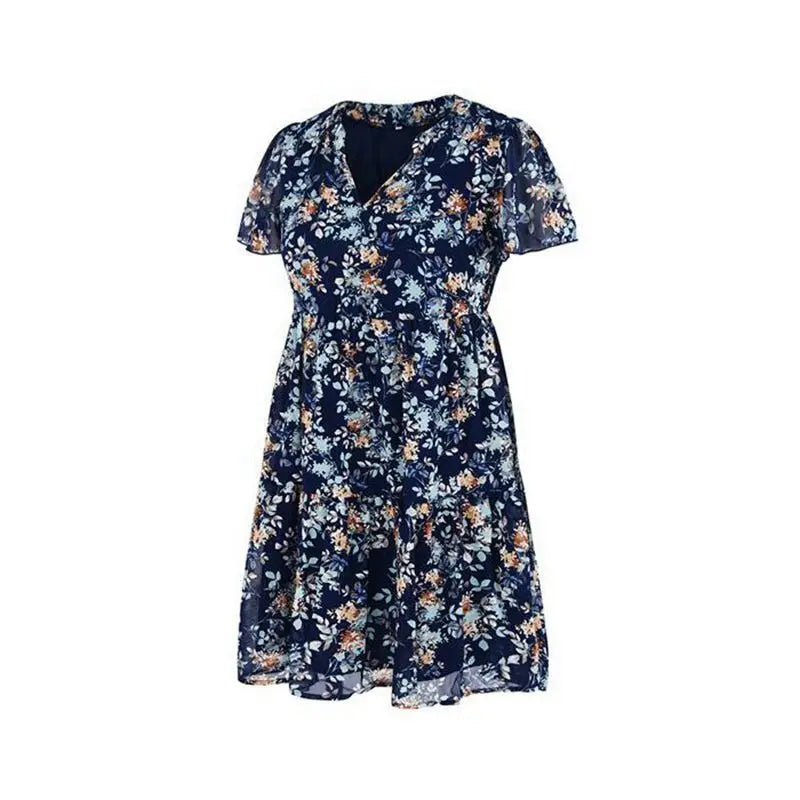 Spring Summer Fashion Women V Neck Short Sleeve Loose Chic Floral Printed Dress by DERILUJA LLC