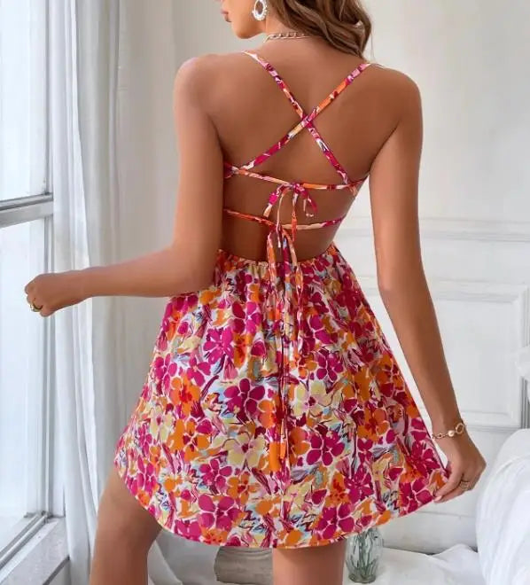 Womens Dresses 2026 Spring Summer New Fashion Floral Print Square Collar Backless Beach Vacation Lace Up Casual Mini Dress by DERILUJA LLC