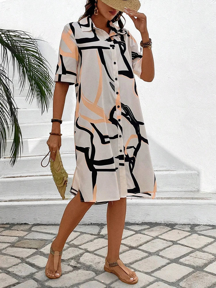 New Fashion Everyday Casual Ladies Short-sleeved Lapel Print Dress City Trend Single-breasted Dress 3D Printed Art Dress by DERILUJA LLC